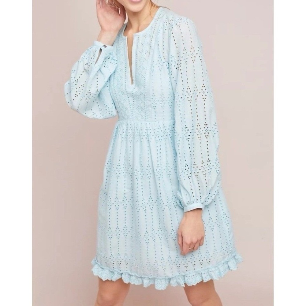 Anthropologie Eyelet Mini Dress Womens Size 6 Light Blue V-Neck Long Sleeve Boho - Picture 2 of 8